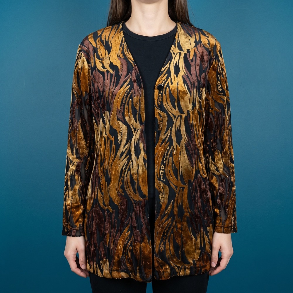 Caribe Tunic Women Medium 762 Burnout Velvet Brown Abstract Shoulder Pads EUC